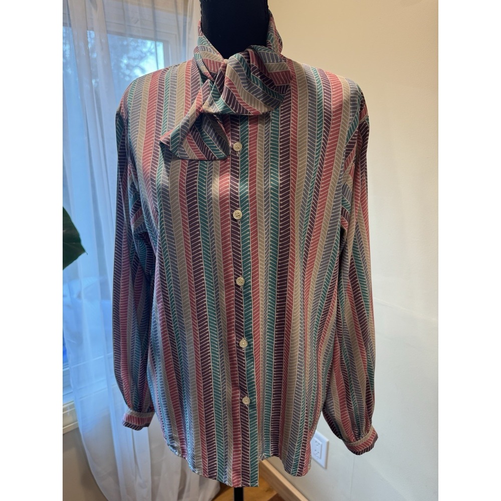 Vintage Women's Multicolor Striped Button Front Blouse Tie Neck Long Sleeve L